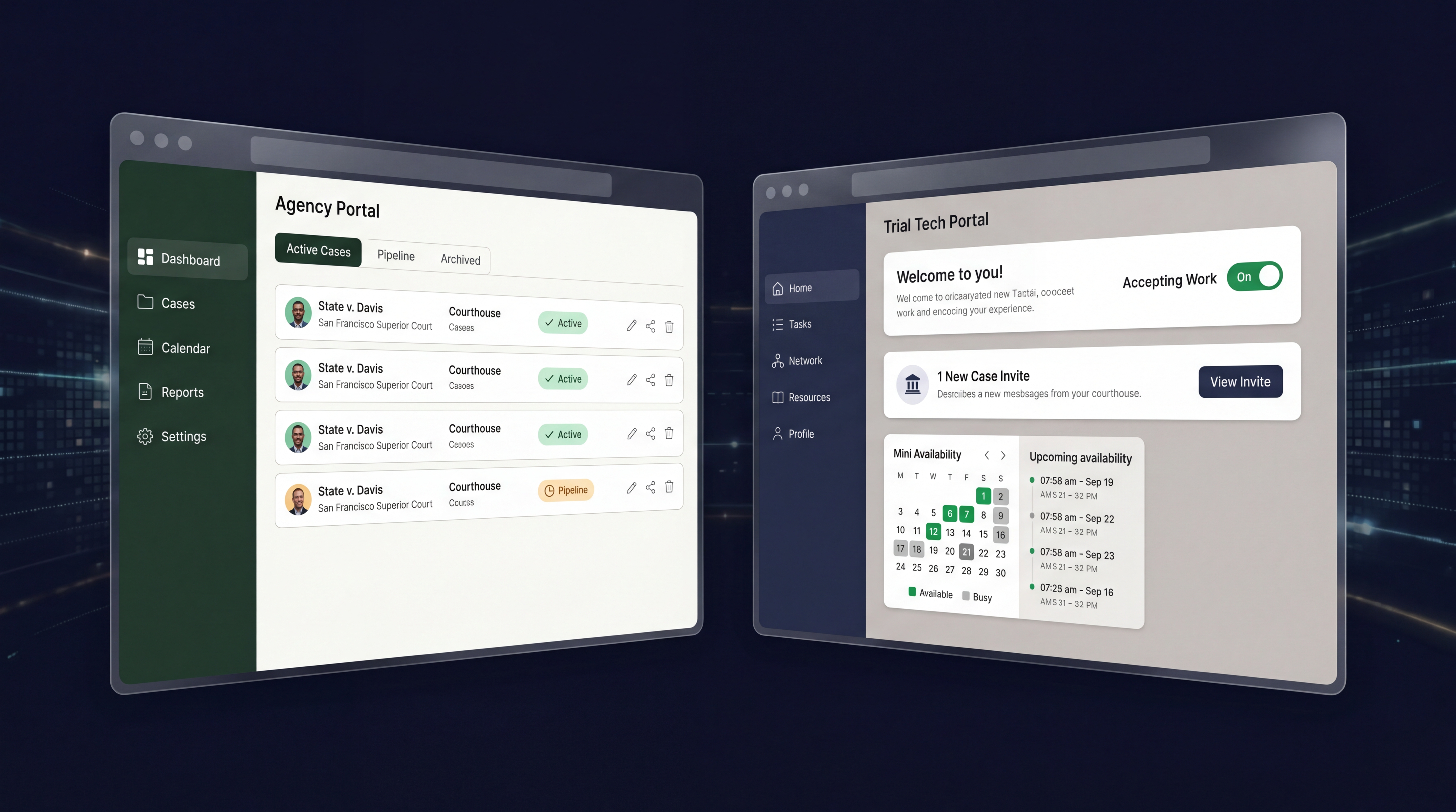 Agency and Trial Tech dashboards side by side